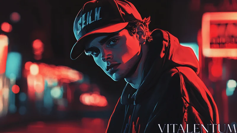 Neon-lit urban portrait in stylized digital chiaroscuro rendering.
