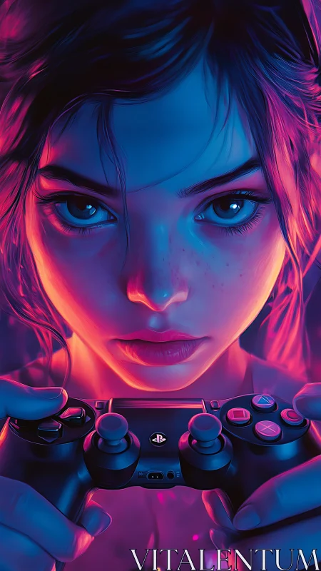 Digital portrait of gamer girl with controller in neon light.
