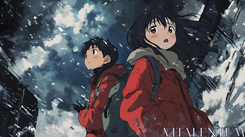 Two bundled children face a stormy winter sky in wonder