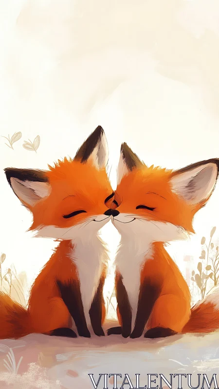 Tender foxes share a nose-to-nose moment of quiet joy.