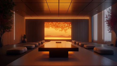 Golden-hour zen room glowing with calm and quiet wonder.
