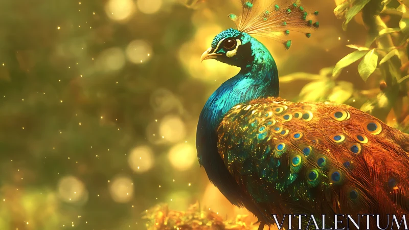 Iridescent peacock glows against golden bokeh forest light