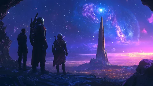 Three astronauts survey distant neon-lit alien spire skyline.