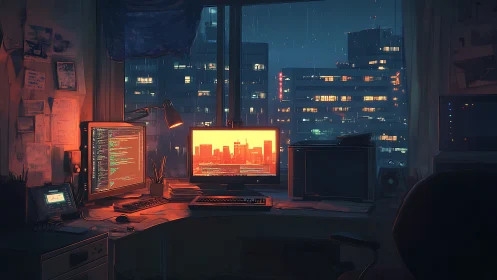 Dim workspace shows dual monitors before rainy city skyline