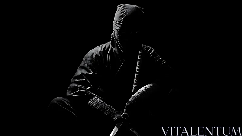 Silent ninja warrior waits in dramatic low key shadow