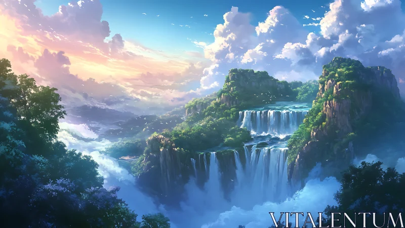 Digital landscape depicts tiered waterfalls and dense clouds