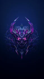 Neon horned skull motif with symmetrical abstract lines.