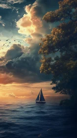 Sailboat moves across sunset sea beneath towering storm clouds