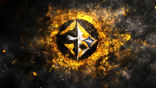 Circular abstract emblem forms central focus amid splatter