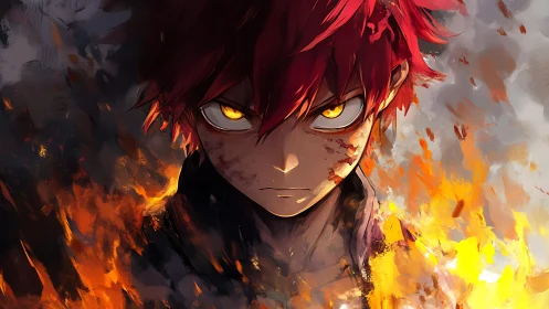 Red haired anime boy stares forward amid surrounding flames