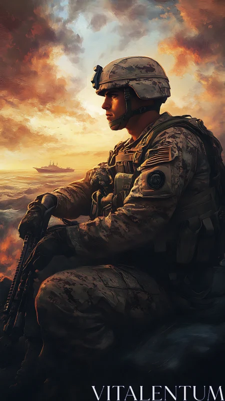 Solitary marine gazes over a burning horizon at sea