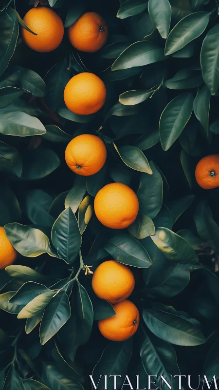 Orange citrus cluster among deep green glossy leaves.