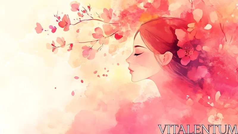 Dreamy Watercolor Portrait of Woman Surrounded by Blossoms.