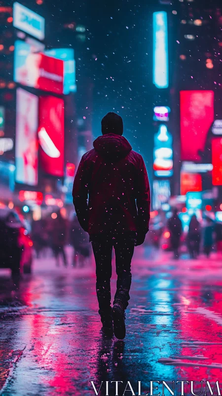 Lone silhouette walking through neon city snowfall at night.