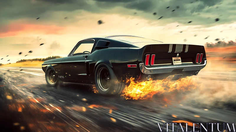 Black muscle car in motion on road with trailing flames.