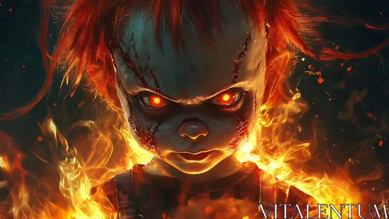 Evil red haired doll with glowing eyes surrounded by fire.