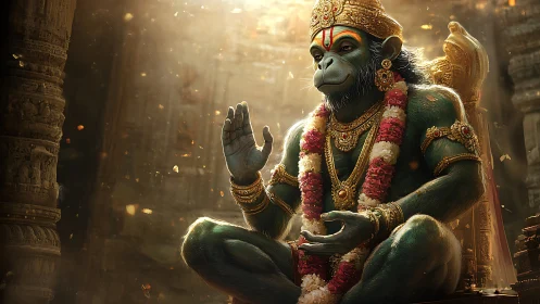 Seated anthropomorphic monkey figure poses in ornate temple setting