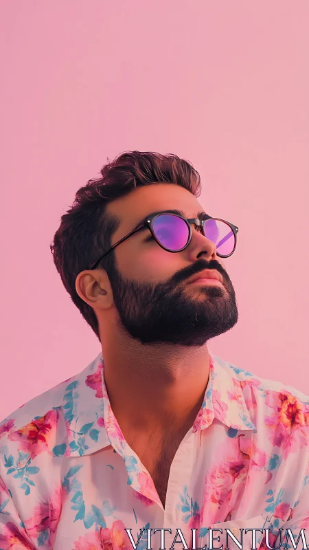 Bearded man in floral shirt gazes upward in pink glow.