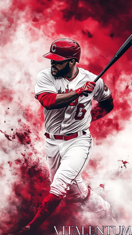 Power hitter swings through red smoke burst in stylized portrait.