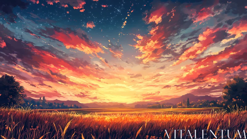 Sunset sky over rural field with distant tree line and hills.