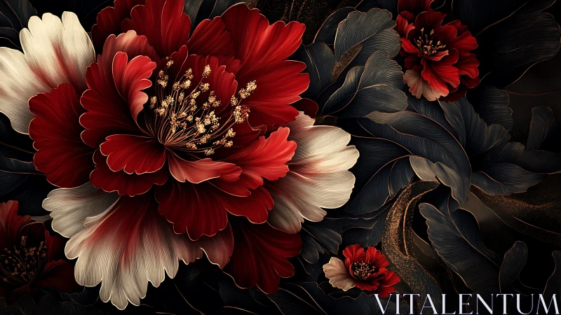 Ornate crimson peonies unfold over dark foliated tapestry