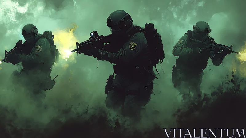 Shadow strike squad storms through toxic emerald haze.