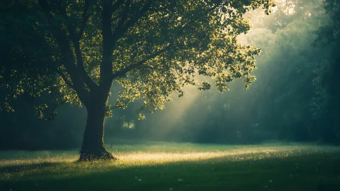 Majestic tree in morning sunlight, tranquil nature landscape photo.