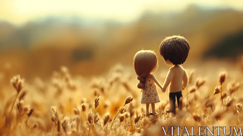 Two children holding hands in golden wheat field.