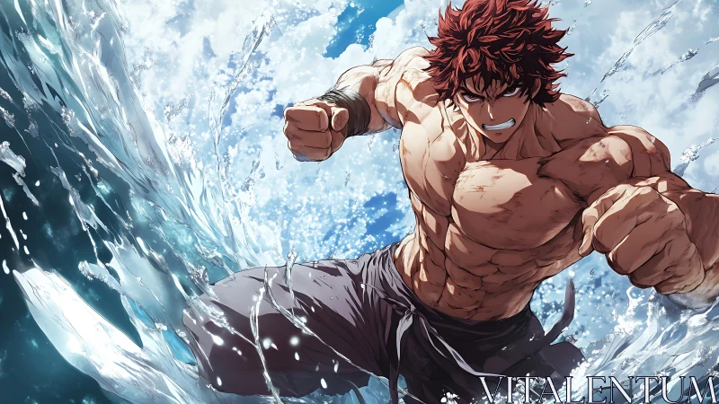 Muscular anime warrior punches through crashing ocean waves