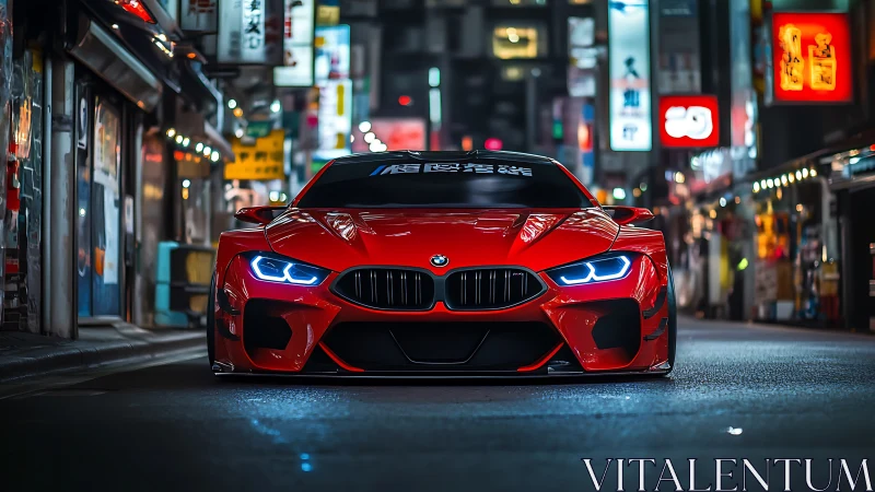 Low-slung red sports car prowls neon-lit city street.