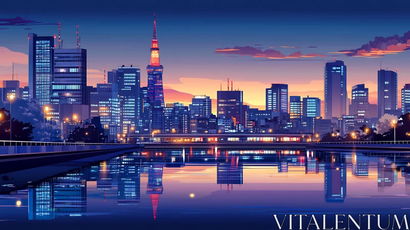 Neon city skyline glows over calm river at pastel dusk