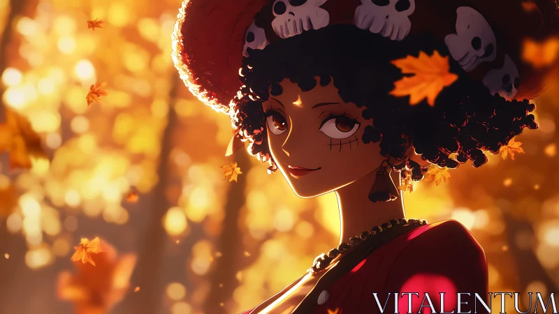 Smiling witch walks through glowing autumn forest light