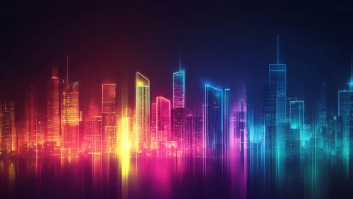 Vibrant neon futuristic city skyline over dark horizon.