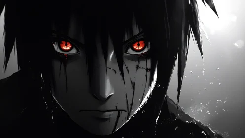 Intense anime warrior with glowing crimson eyes stares ahead.