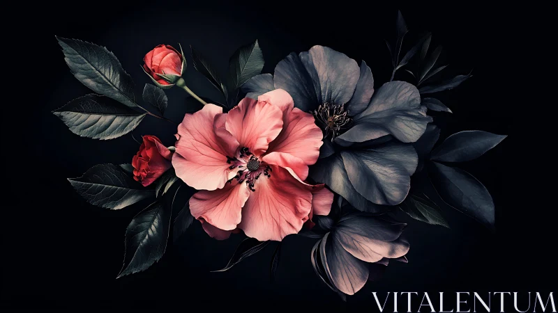 Dark Floral Arrangement with Vibrant Pink Blooms Against Black
