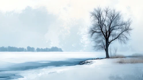 Bare tree stands on snowy shoreline beside frozen water