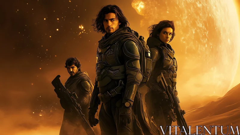 Futuristic desert soldiers stand before blazing alien sun.