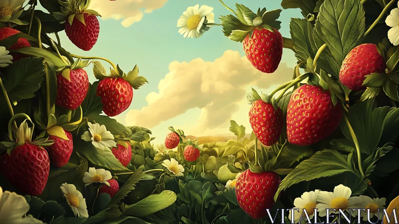 Strawberry plants with flowers under soft evening sky.