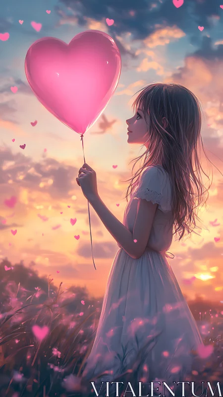 Girl Holding Luminous Pink Heart Balloon Against Sunset Sky