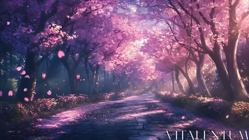 Gentle cherry blossom lane glows softly in evening light