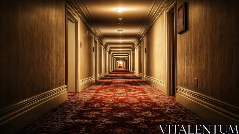 Cinematic hotel corridor in warm symmetrical perspective.