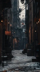 Rain-soaked cobblestone alley glows with moody lantern light.