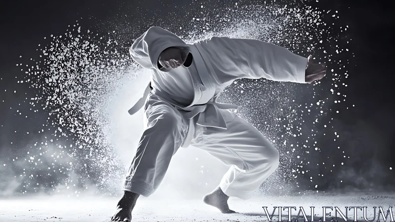 Martial artist executes low stance amid dispersed powder