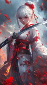White haired samurai woman amid scarlet petal storm.