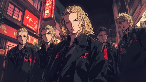 Urban gang formation in neon-illuminated alleyway perspective.