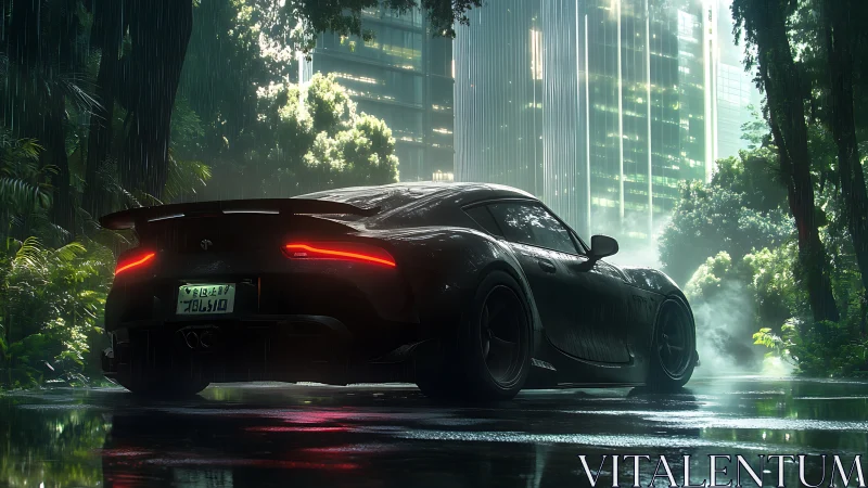 Black sports car idles in neon city jungle rain