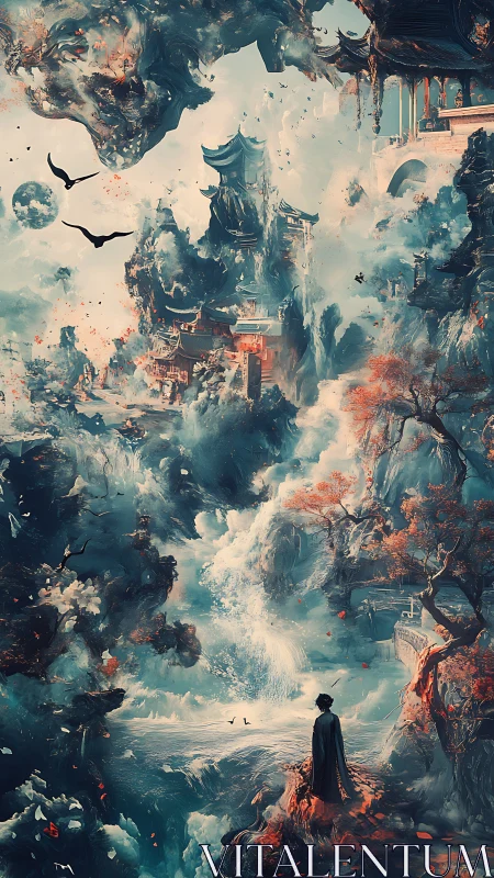 Solitary wanderer before ethereal cascading sky temples.