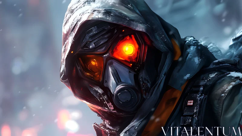 Hooded cyber soldier glares through burning visor in snowstorm.