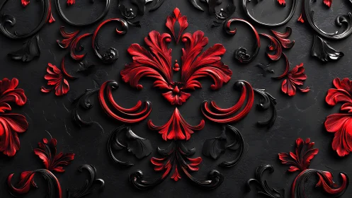 Baroque red and black floral scrollwork in bold relief.