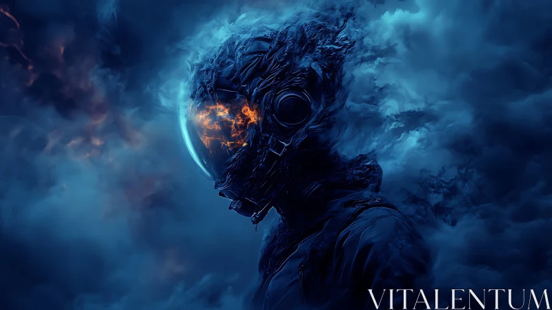 Futuristic armored figure in fiery helmet within smoke.